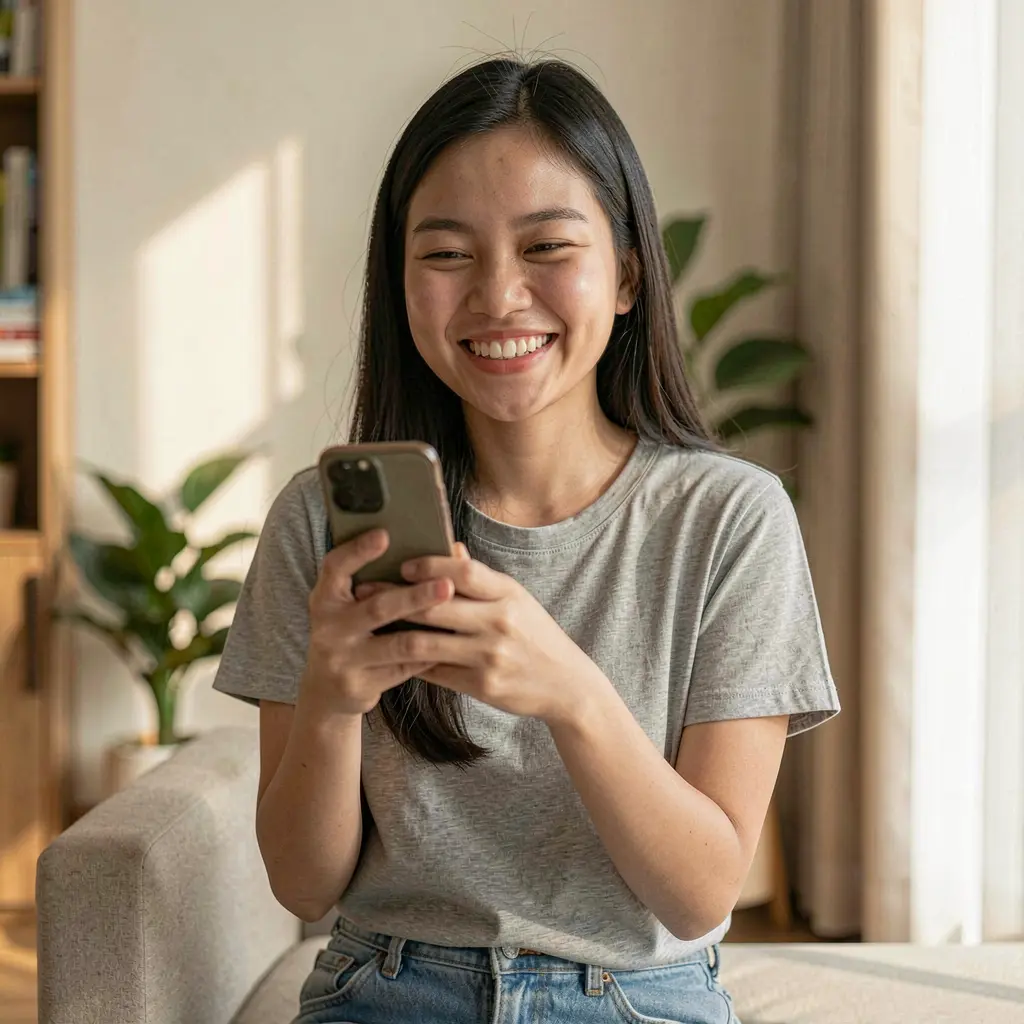 Smiling Filipino woman holding her phone while using the TTTH casino app with a relaxed indoor background and natural lighting