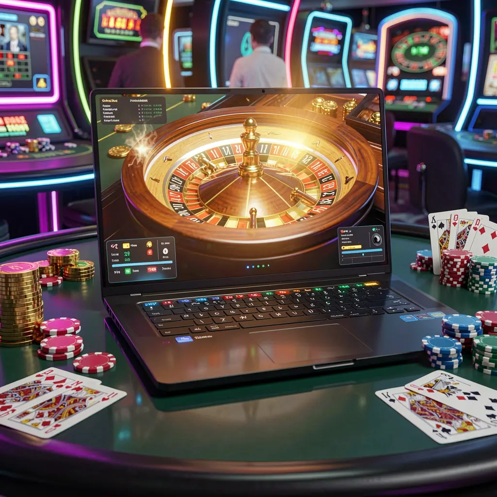 A sleek laptop displaying a vibrant roulette wheel surrounded by golden coins and poker chips representing the premium online casino atmosphere offered by TTTH in the Philippines