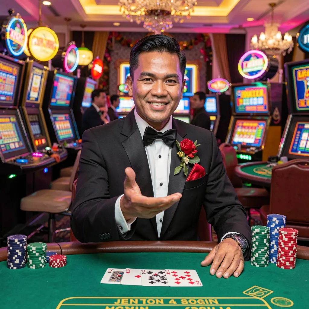 Stylish Filipino casino dealer presenting a live gaming table with cards and chips symbolizing trusted TTTH login and account access
